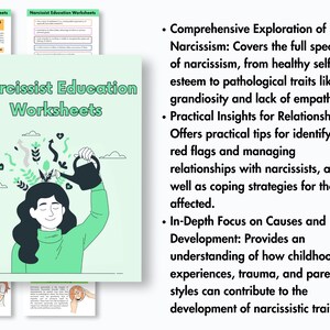 Puede incluir: Una ilustraci&oacute;n verde de una persona regando una planta con una regadera. El texto "Narcissist Education Worksheets" est&aacute; en letras grandes, negritas y verdes en la parte superior de la imagen. El texto de abajo describe las hojas de trabajo como una exploraci&oacute;n exhaustiva del narcisismo, informaci&oacute;n pr&aacute;ctica para las relaciones y un enfoque profundo en las causas y el desarrollo.