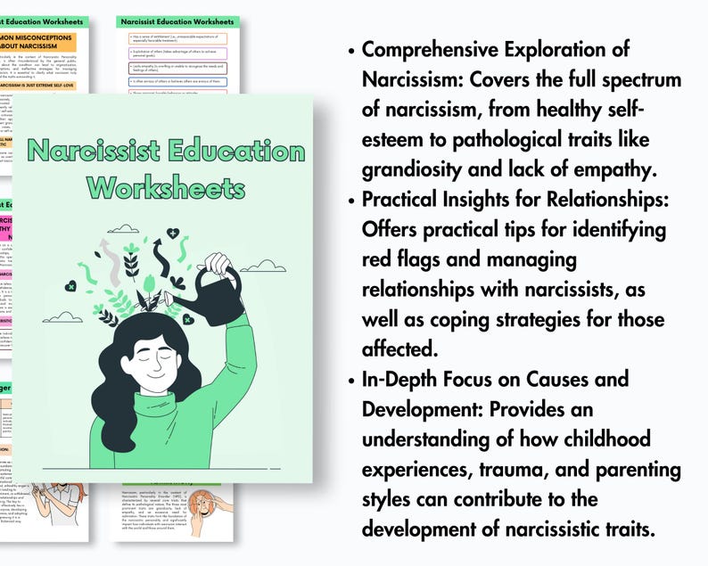 Puede incluir: Una ilustraci&oacute;n verde de una persona regando una planta con una regadera. El texto "Narcissist Education Worksheets" est&aacute; en letras grandes, negritas y verdes en la parte superior de la imagen. El texto de abajo describe las hojas de trabajo como una exploraci&oacute;n exhaustiva del narcisismo, informaci&oacute;n pr&aacute;ctica para las relaciones y un enfoque profundo en las causas y el desarrollo.