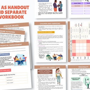 May include: A printable worksheet with the title "Use as Handout and Separate Workbook" and sections for "Spiritual Beliefs", "Leisure Activities", "Financial Management", "Couple Discussion", "Children and Parenting", "Couple and Family Maps", and "Personality".