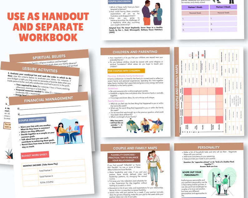 May include: A printable worksheet with the title "Use as Handout and Separate Workbook" and sections for "Spiritual Beliefs", "Leisure Activities", "Financial Management", "Couple Discussion", "Children and Parenting", "Couple and Family Maps", and "Personality".
