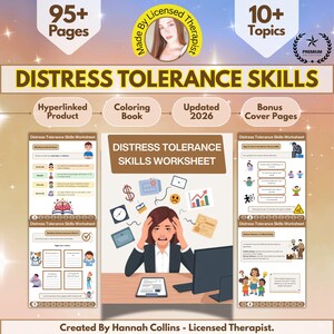 DBTスキルワークブック：ストレス耐性スキル、感情調整、95ページ以上、10以上のトピック、ハイパーリンク、塗り絵（デジタルダウンロード）