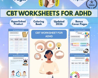 Mega pakiet arkuszy ćwiczeń CBT dla ADHD, zeszyt ćwiczeń dla dzieci z ADHD, planer dla dzieci z neuroatypowością, karty umiejętności radzenia sobie, nauka społeczno-emocjonalna