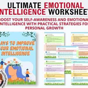以下が含まれることがあります： 「究極の感情的知性ワークシート」というタイトルのカラフルなワークシートで、副題は「自己認識と感情的知性を高め、個人的な成長のための実際的な戦略を身につけましょう」です。ワークシートには、頭から庭が生えている人の漫画のイラストが描かれています。ワークシートは、感情的知性を高めるためのヒントが書かれたセクションに分かれています。