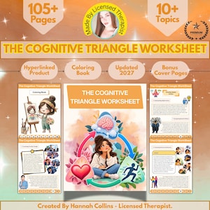 May include: A digital worksheet set titled The Cognitive Triangle Worksheet featuring 105+ pages and 10+ topics. The cover displays a central illustration of a person with a brain, heart, and running figure icon connected by arrows.