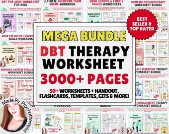 Puede incluir: Un conjunto de hojas de trabajo imprimibles para terapia, incluyendo DBT, TDAH y temas relacionados con el trauma. La imagen presenta un título central: "MEGA BUNDLE DBT THERAPY WORKSHEET" con más de 3000 páginas.