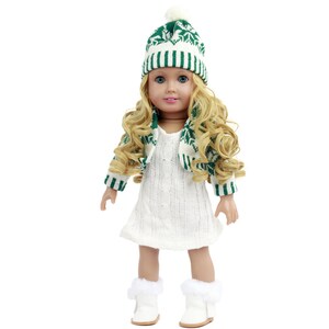 Doll Outfit: Green Knit Dress, Jacket & Hat for 14-inch Dolls