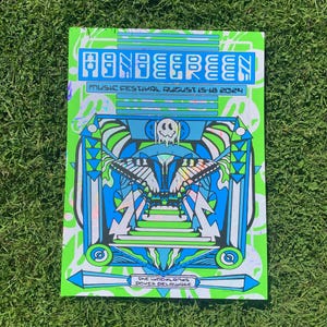 May include: A green and blue poster with the text "Wandergreen Music Festival August 15-18 2024" and the text "The Woodlands Dover Delaware". The poster features a colourful abstract design with a butterfly.