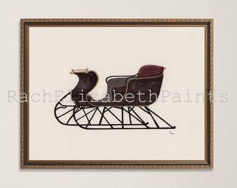 May include: A framed painting of a dark brown sleigh with a deep red cushioned seat and black metal runners. The artwork features the text Rach Elizabeth Paints in a light gray font across the center and a small signature in the bottom right.