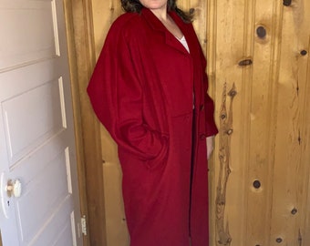 Vintage 1980s Long Red Maxi Coat Overcoat Wool with Pockets size Medium Large