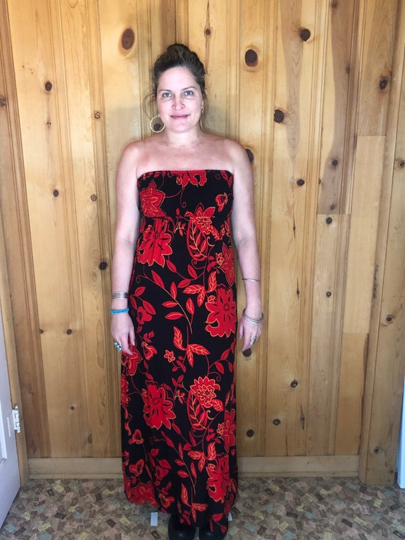 Vintage Hawaiian Black Red Floral Strapless Maxi D