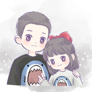 Personalizado chibi retrato bonito anime comissão ilustração digital desenho dos desenhos animados presente personalizado para casal amigo família animal de estimação aniversário