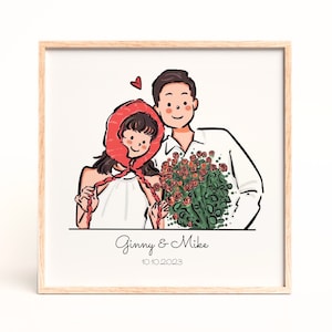 Custom Portrait From Photo Couple Family Friend Cartoon Minimalist Illustration Personalized Gift For Birthday Anniversary Wedding Gradution