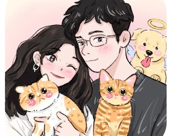 Custom Couple Portrait From Photo Cute Pet Chibi Art Commission Personalized Digtial Cartoon Illustration Drawing Birthday Anniversary Gift
