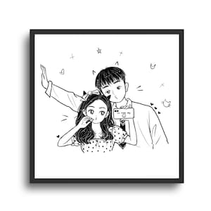 Op de afbeelding: Zwart-witte lijntekening van een stel dat een selfie maakt. De vrouw draagt een stippenjurk en de man draagt een colbert. De tekst "our happy day" staat op de telefoon.
