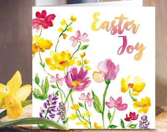 Pack of 5 Christian Easter Cards, Easter Joy Flowers, with white envelopes and Bible verse inside these Religious Easter cards