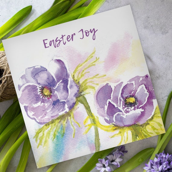 Pack of 5 Christian Easter Cards, Easter Purple Flowers, with white envelopes and Bible verse inside these Religious Easter cards