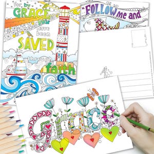 May include: A set of colouring postcards with inspirational messages. One shows a lighthouse and sailboat with the words "for, by GRACE you have been SAVED through faith." Another says "FOLLOW me and". A hand is colouring a postcard.