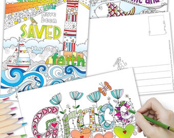 Christian Colouring Postcards Pack of 10, Grace Colouring Postcards with Bible Verses, Inspirational Religious Gifts for Women and Men