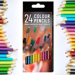 May include: A pack of 24 coloured pencils, labelled "24 COLOUR PENCILS" and "Bible verse on each pencil". The pencils are visible inside the box, with a range of colours. Pencils of various colours are arranged on either side of the box.