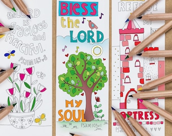 Christian Colouring Bookmarks , Exploring Psalms with Bible Verses, set of 10.