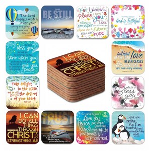 May include: A collection of square coasters featuring inspirational quotes and images. Designs include hot air balloons, boats, flowers, and a lion. Each coaster displays a different Bible verse or message of faith.