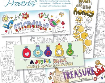 Christian Colouring Bookmarks set of 10, Exploring Proverbs with Bible Verses