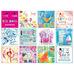 May include: Twelve colourful square cards with inspirational quotes and illustrations. The cards feature a variety of themes, including peace, joy, strength, and hope. Each card has a different design and colour scheme.