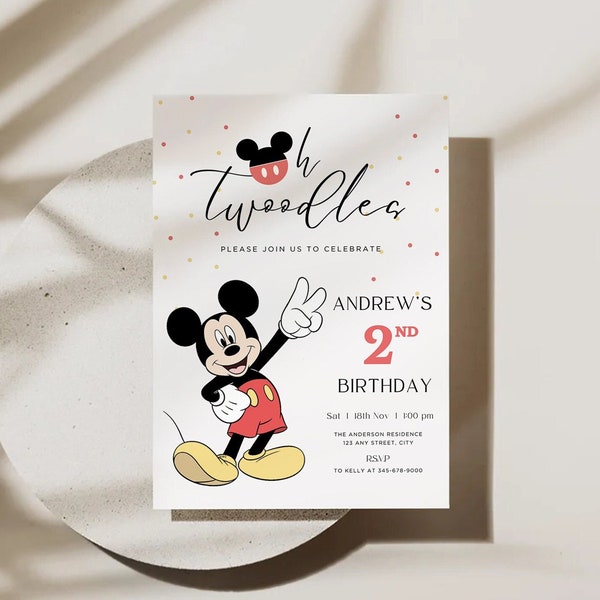 Oh Twoodles Birthday Invite Boy Second Mickey Mouse Invitation Twodles Minimal Digital Template Blue Bday Club House Polkadot 2nd Turn OT-B2