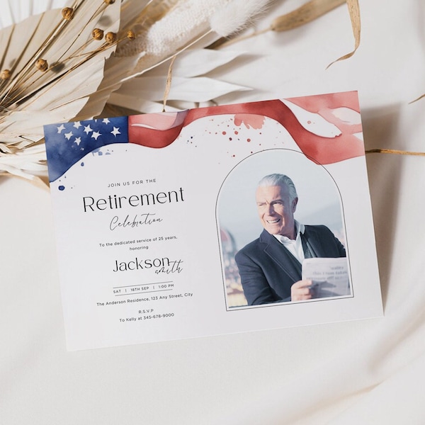 Retirement Party Invitation Template, Army Retirement Horizontal Invite, Editable Marine Army Air Force, Canva, Landscape American Flag Ret4