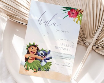 Lilo en Stitch verjaardagsuitnodiging Digitale en afdrukbare uitnodiging Minimale Lilo & Stitch Cartoon uitnodiging Tropische kinderuitnodiging Oceaanthema 1