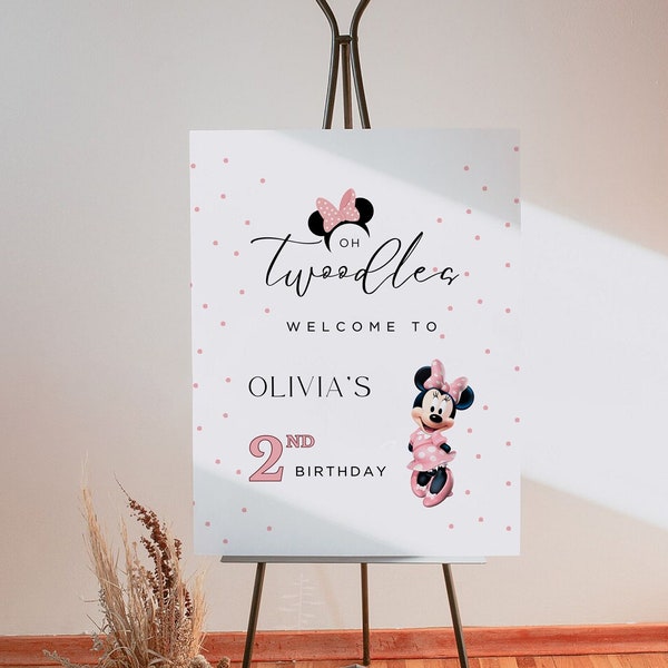 Oh Twoodles Birthday Welcome Sign Girl Second Minnie Mouse Easel Twodles Minimal Digital Template Pink Bday Head Bow Polkadot 2nd Turn OT-G3