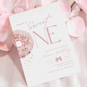 Sweet One Birthday Invite Template First Birthday 1st Kids Toddler Girl Baby Party Invitation Boho Minimalist Neutral Shower Donut Pink SO-1