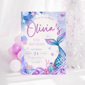 May include: A purple and blue mermaid tail with a watercolour effect. The invitation says "Join us to celebrate Olivia's 5th Birthday, Saturday, February 24 at 3:00 p.m. The Ander Residence, Any Street, City 12345. R.S.V.P to Isabella 345-678-9000."