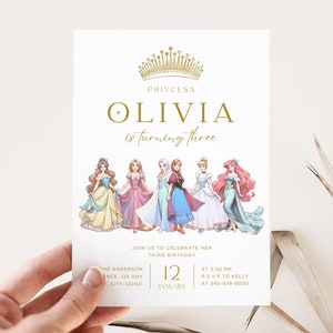 Little Princess Birthday Invitation 2 Digital Printable Party Invite Minimalist Golden Belle Cinderella Ariel Jasmine SnowWhite Royal Girl
