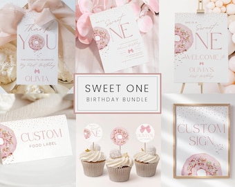 Sweet One Birthday Bundle Template, Pink Donut Invitation (Canva Editable)