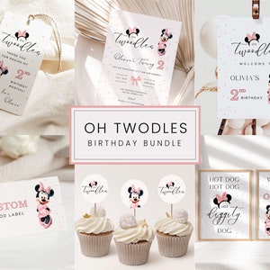 Oh Twodles Birthday Bundle Party Decor Poster Sign Girl Two Second Minnie Mouse Theme  Hot Diggity Dog Minimal Clubhouse Party Minnie Ears