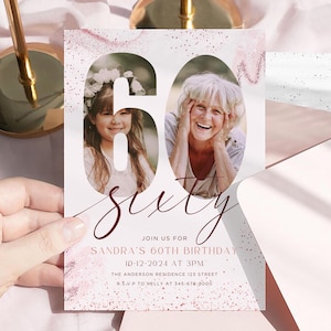 60th Birthday Invite for Mother Look Who's 60 Grandmother Replace with Photo Simple Sixty Birthday Invite for Woman Mom Turns 60 Glitter