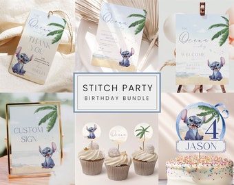 Stitch Party Bundle Digital and Printable Invite Lilo & Stitch Cartoon Invite Tropical Sign Bottle Label Card Favor Tag Cake Topper Banner