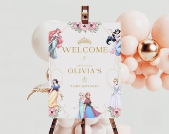 Little Princess Birthday Welcome Sign Easel Party Decor Minimalist Pink Minimalist Belle Cinderella Jasmine Frozen Elsa Anna Snow Beauty