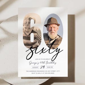 60th Birthday Invite for Father Mother Look Who's 60 Grandfather Grandmother Replace with Photo Simple  Sixty Birthday Invite for Man Woman