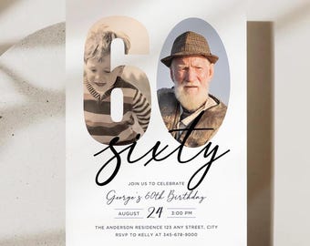 Editable Photo 60th Birthday Invitation Template: Simple Sixty Design Canva Template (5x7, 1080x1920 px)
