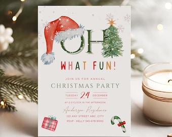 May include: A Christmas party invitation with a red Santa hat, a green Christmas tree, and the words "OH WHAT FUN!" in red and green. The invitation includes the date, time, and location of the party.