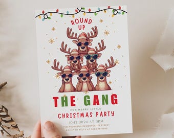 May include: A Christmas party invitation with a festive design featuring a group of reindeer wearing sunglasses and Santa hats. The text reads "Round Up The Gang For Merry Little Christmas Party 10-12-2024 at 3PM The Anderson Residence 123 Street R.S.V.P to Kelly at 345-678-9000"