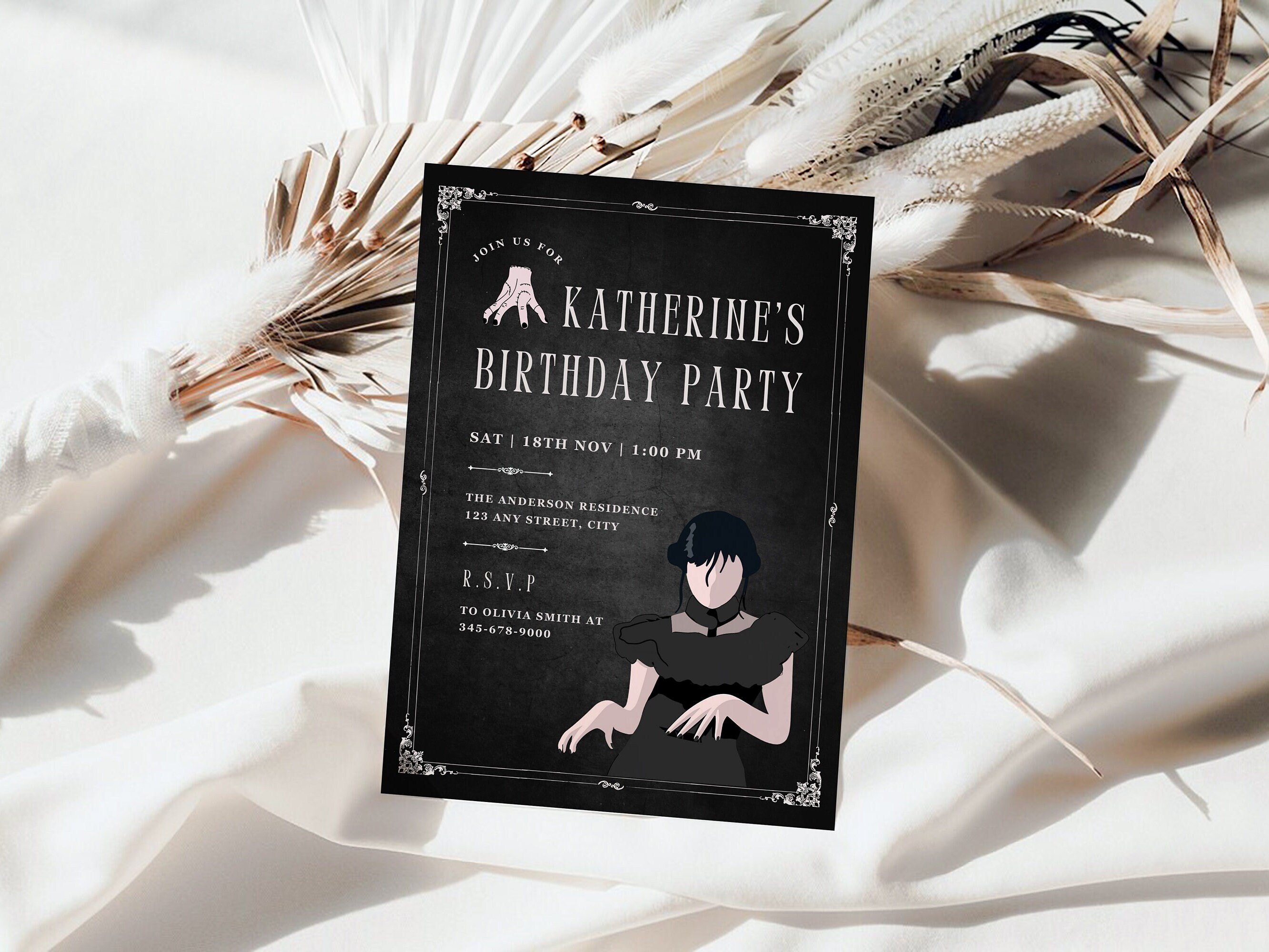 Wednesday Addams Birthday Invitation Classic White Dancing Move Halloween Invite Minimalistic Canva Template Editable Bday