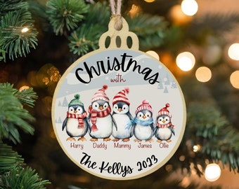 Personalised Family Christmas Ornament, Penguin Family Decoration, Christmas Keepsake, Wooden Christmas Ornament, Christmas Gift