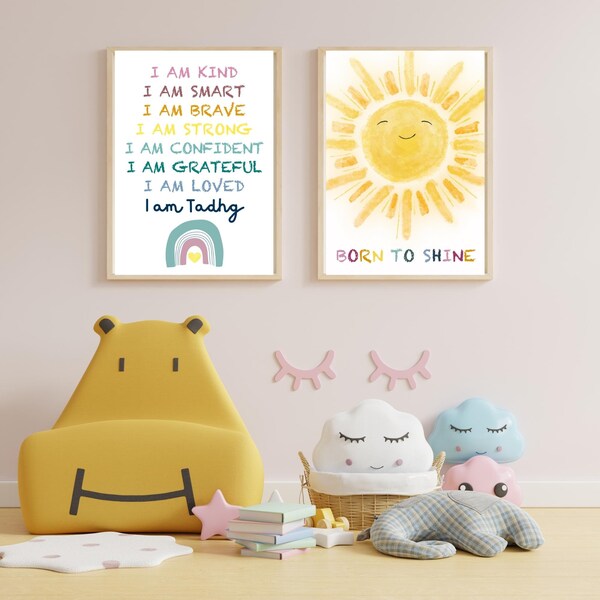 Positive Affirmations Print Wall Decor: I Am Kind I Am Smart I Am Brave Inspirational Quotes Wall Art for Kids, Boho Classroom Posters Baby Animal Safari Nursery Room Decor for Toddler