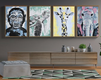 Animal Art, Colourful art, Art Prints, Monkey art, Elephant art, Turtle art, Giraffe art, Bedroom art, Living room art, Office art, Wall art