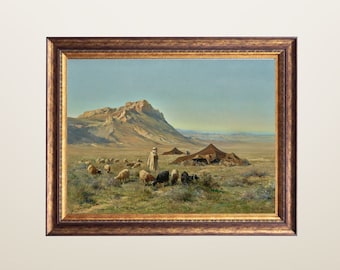 Middle Eastern Art, Vintage Arab Painting, Bedouin Encampment