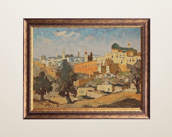 Peut inclure: Une peinture représentant une ville avec un mélange de bâtiments, dont une mosquée avec un dôme vert, et des arbres au premier plan. Le ciel est bleu clair avec des nuages blancs.