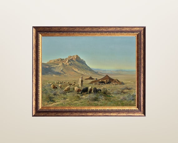 Middle Eastern Art, Vintage Arab Painting, Bedouin Encampment